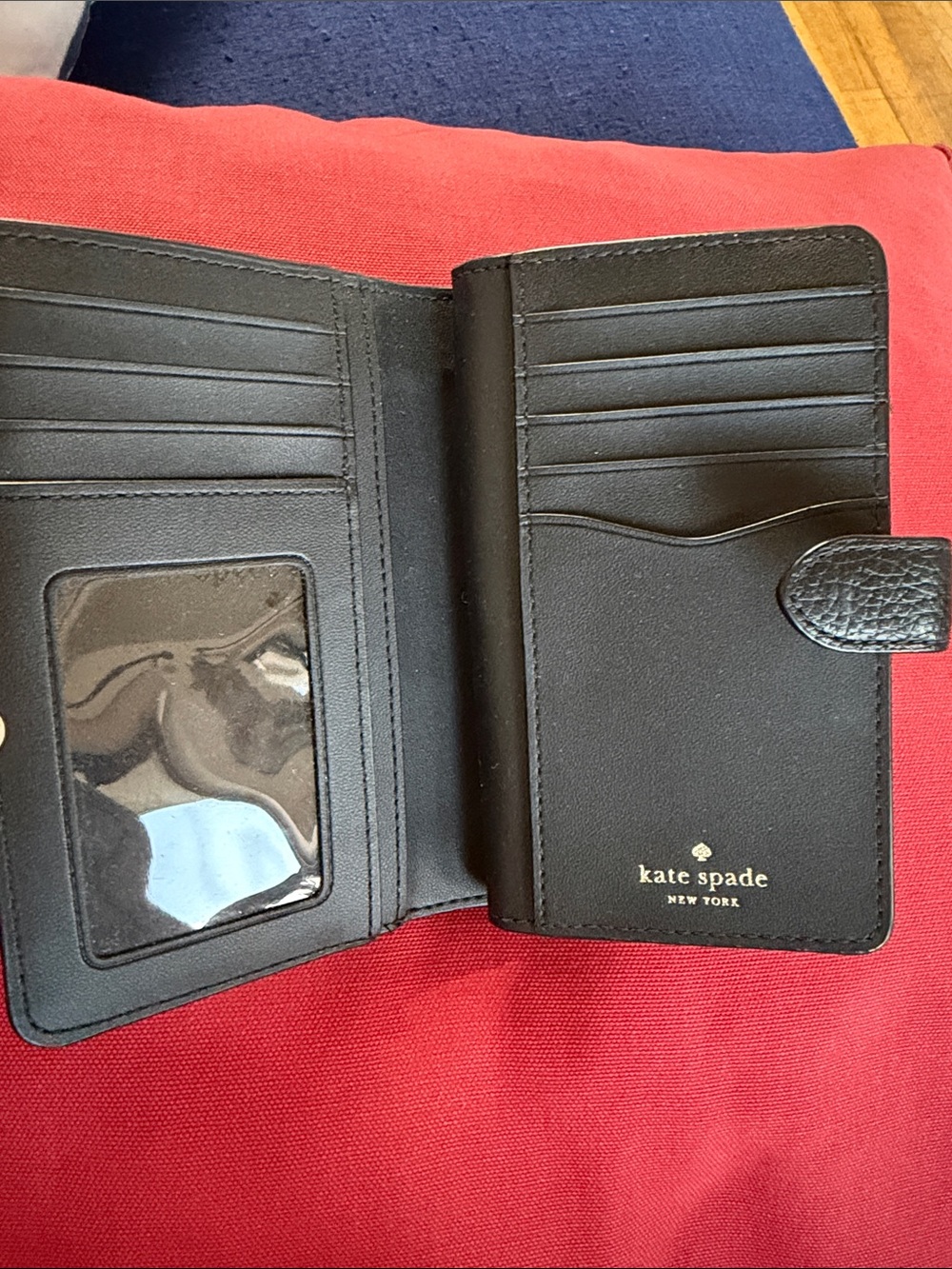 kate spade Black Leather Compact Zip Card Wallet with Gold Logo - Picture 3 of 10